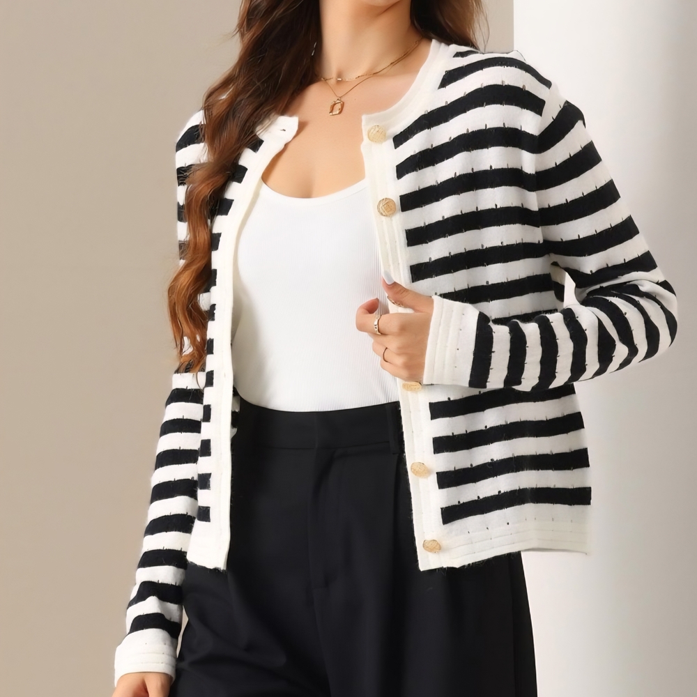 a new day Black and Cream Striped Button-Front Cardigan - Picture 2 of 6